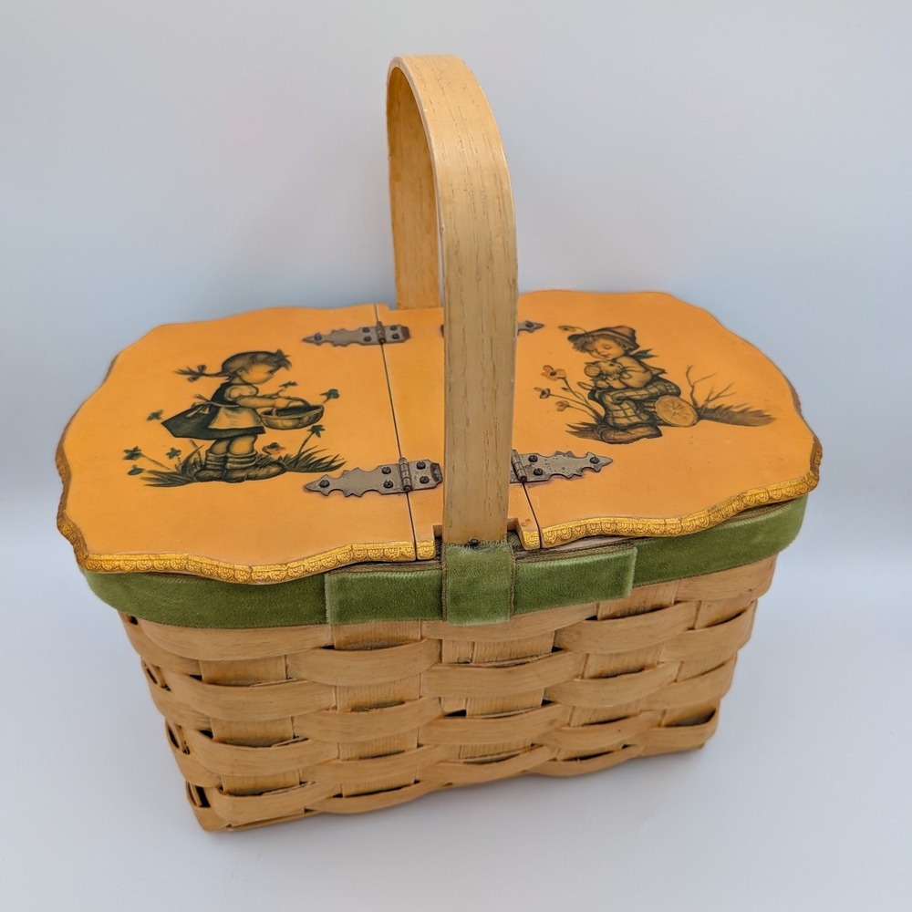 VTG Decoupage Woven Wood Picnic Basket Velvet Lined MCM Kitschy Decor Handbag